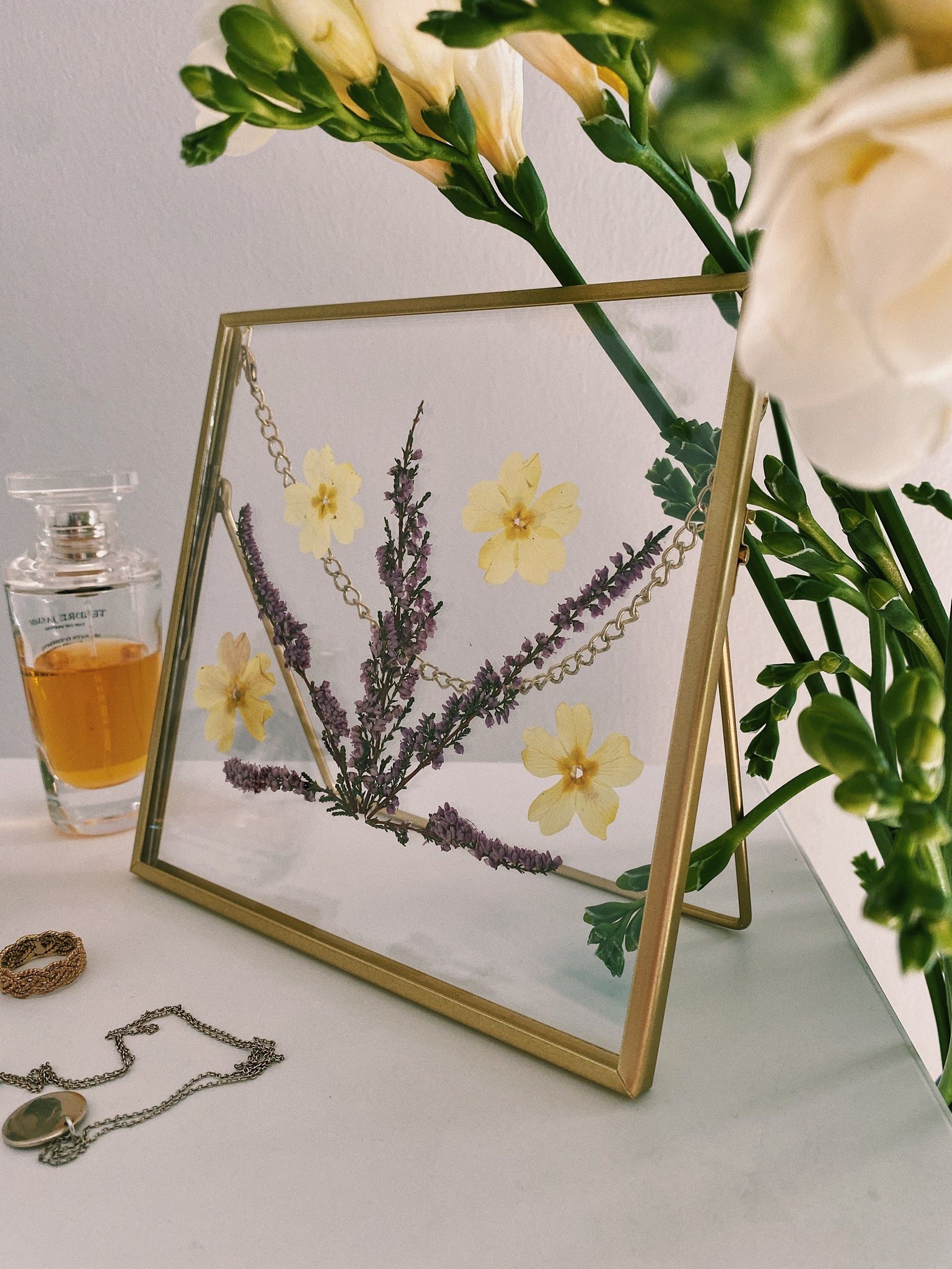 Heather Primrose Pressed Flower Gold Glass Frame